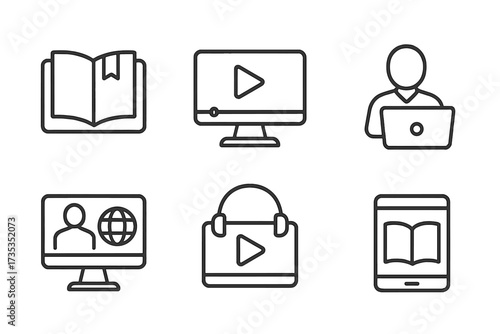 E-learning web icon set in line style. E-book, video tutorial, mentor, distance learning. Online courses, webinar, training and education vector symbols for mobile app.