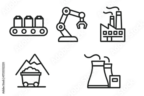 Industry icon set in thin line style. Vector collection of manufacturing symbols. Factory, robotic arm, conveyor belt, mass production, mining and power plant outline pictograms.