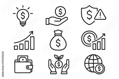 Investment icon set for business finance. Line icons money, profit, risk management, economic growth, capital. Vector collection banking, savings, payment, income, wealth symbols.