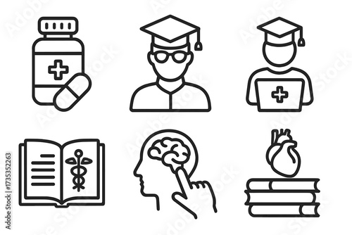 Medical education line icon set. Medicine college, student learning, healthcare symbols. Vector collection for web, graduation, pharmacy, neurology, cardiology illustration.