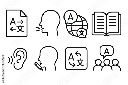 Language icon set for translation and communication. Thin line vector graphics collection for linguistics, speaking, dictionary, and listening skills. Includes writing and learning icons.