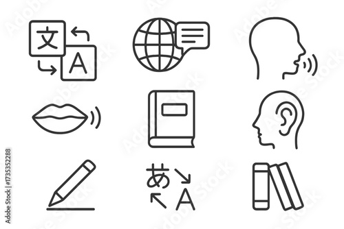 Language learning and translation service line icon set. Vector pictograms for linguistics, vocabulary, writing, speaking, listening skills, and online education courses.