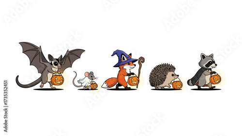 Halloween Creatures Gathering: A whimsical illustration of various woodland animals, dressed in their Halloween best, gathering for a festive night.