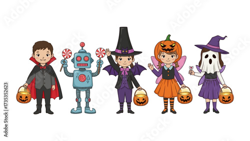 Halloween Costumes Parade: A delightful illustration of children dressed in vibrant costumes. Each character embodies the playful spirit of the holiday. 