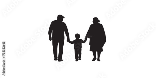Print  Grandfather and Grandmother Holding Hands with Child Vector Silhouette