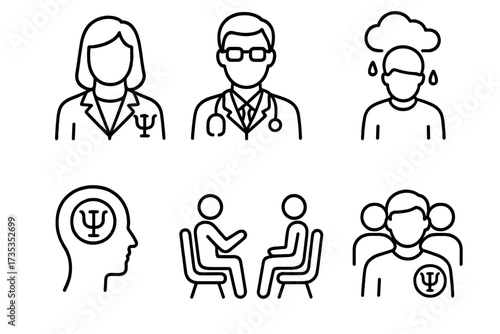Psychology thin line icon set. Mental health, depression, psychotherapy concepts. Psychologist, psychiatrist, doctor, patient, group therapy vector graphic collection.