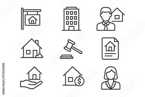 Real estate line icon set. Vector symbols for property business: house, mortgage, agent, rent sign, auction, building, realtor. Web and app graphic design elements collection.