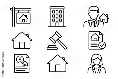 Real estate icon set in thin line style. Collection of vector symbols for web and mobile. Includes agent, house, mortgage, contract, auction, building and property concepts.
