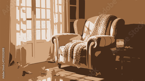 Cozy armchair draped with a thick knitted blanket bathed in warm sunlight streaming through a large window