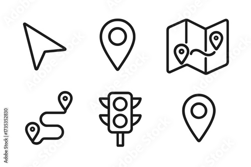 Navigation line icon set. Route, location, map, pin. GPS concept. Direction, destination, journey, travel. Traffic light. Pointer, cursor. Vector line art for web app UI.
