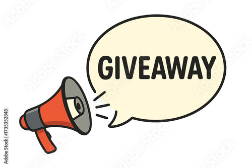 Giveaway announcement with a megaphone. Loudspeaker shouting in a speech bubble. Concept for promotion, marketing, advertising, and social media contest. Prize or gift alert banner.