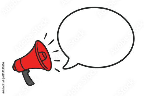 Megaphone with speech bubble for call to action. Loudspeaker for marketing, advertising and business announcements. Red bullhorn icon concept for communication and promotion.