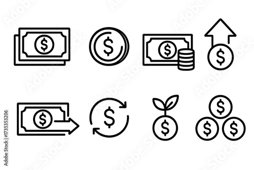 Money and finance line icon set. Concepts of cash, profit, investment, and banking. Vector collection of symbols like coin, dollar, cash back, send money, and payment.