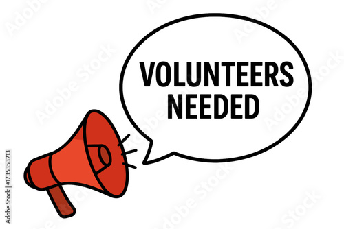 Volunteers needed announcement. Megaphone shouting for help. Recruitment drive concept. Hiring staff and personnel. Join our team. A call for volunteers. Loudspeaker icon.