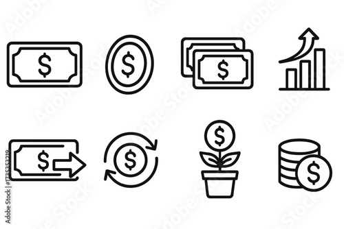 Money finance line icon set. Cash, coin, profit, investment. Send money, cash back, currency exchange. Financial growth chart. Banking, payment, savings pictogram collection.