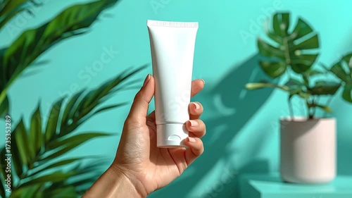 A close-up of a hand holding a white cosmetic tube against a teal background with lush green plants.
