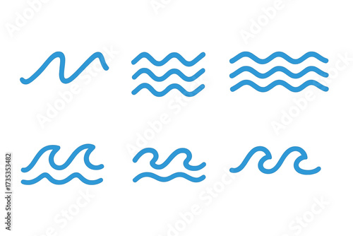 Water wave sea icon set. Simple ocean wave line symbol collection. Aqua flow, river current graphic element. Marine, nautical outline logo vector illustration for design.