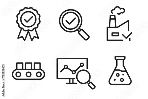 Quality control and inspection icon set for certification and manufacturing. Vector icons for product testing, assurance, analysis, and production process standards.