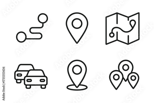 Web navigation line icon set. Route, location, map, and traffic pin collection. Vector illustration for GPS, destination, direction, and travel concepts. Path finding symbols.