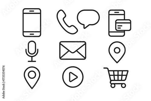 Mobile phone web icon set in thin line style. Vector collection of minimalist app interface symbols: call, chat, mail, payment, location pin, shopping cart, voice, play.