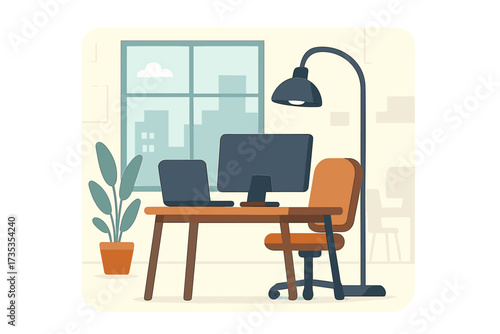 Modern office workplace interior. Flat vector illustration of a desk with computer and laptop. Coworking space or home office concept for remote work, business, freelance.