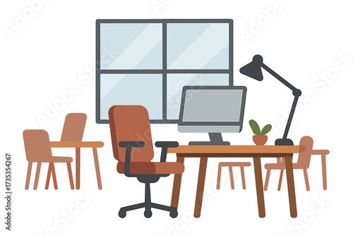 Modern office workplace interior. Coworking space with computer on desk, chair, lamp. Empty business work environment. Open space concept. Flat vector illustration design.