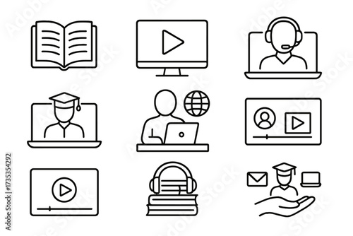 Online education and e-learning web icon set in line style. E-book, video tutorial, mentor, distance learning, webinar, online course, graduation concept vector collection.