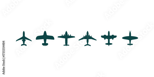 Flat style airplane icon set representing various aircraft silhouettes for travel, aviation, transportation apps, and flight-related design visuals.