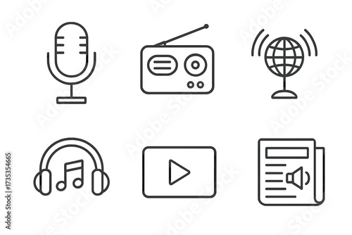 Podcast and audio media icon set in thin line style. Vector collection includes microphone, radio, webcast, headphones, play button, and news symbols for streaming or broadcast.
