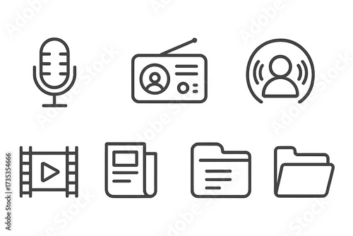 Podcast and media icon set in line style. Vector collection of microphone, radio, webcast, audio, video, news, and streaming symbols for web and mobile interface design.