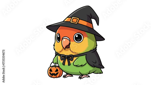 Halloween Parrot: A charming parrot dons a witch hat and cape, clutching a tiny pumpkin, perfectly capturing the festive spirit of Halloween with a whimsical touch.