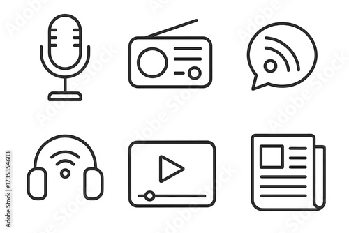 Podcast and media icon set in line style. Vector collection of web icons including microphone, radio, webcast, audio, video, and news symbols for broadcasting and streaming.