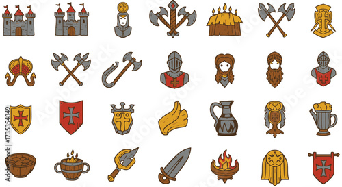 Collection of medieval icons including knights, shields, and swords in a grid layout on a digital canvas.