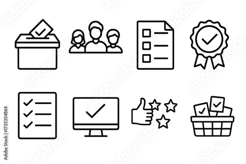 Voting and election line icon set. Thin outline symbols for democracy, poll, survey, and user feedback. Includes ballot box, candidate, checklist, online vote, and rating pictogram.