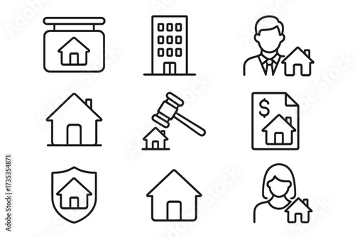 Real estate web icons line style collection with rent building agent house auction property mortgage home realtor vector illustration transparent background