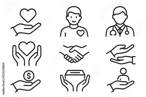 Charity and volunteering line icon set. Concepts of donation, help, care, and support. Vector collection includes heart in hand, doctor, handshake, and fundraising symbols.