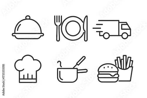Restaurant web icons in line style, food and meal symbols, fish and fast food, delivery and cooking utensils, chef hat and kitchen pot, burger and fries vector collection, transparent background set