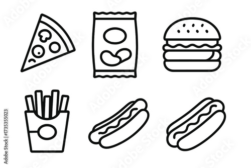 Fast food line icon set. Junk food collection. Pizza slice, hamburger, hot dog, french fries, potato chips. Outline symbol for menu, website, app. Vector graphic element.