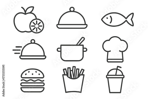 Restaurant web icons in line style, food and meal symbols including fish, delivery service, cooking pot, fast food burger, fries, chef hat, and beverage cup with straw, vector illustration