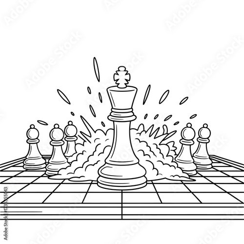 Chess king victorious amidst explosions and falling pieces