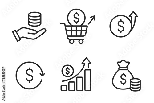 Return on Investment ROI icons set in line style, capital growth, sales increase, dividend earnings, profit rising graph, money bag and coin collection vector illustration, transparent background