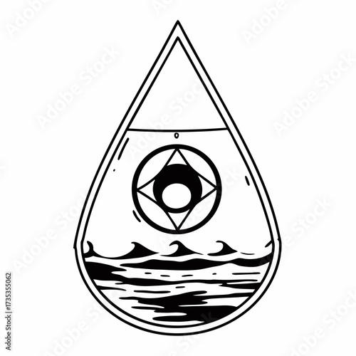 Water droplet illustration with waves and geometric sun design  