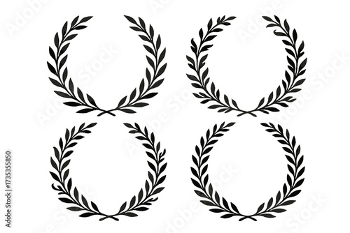 Set of vintage black laurel wreaths, circular foliate branches, hand-drawn decorative vector elements, ornate award frames, leaves and swirls design collection