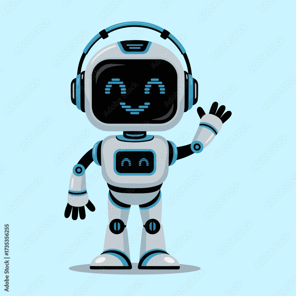 Fototapeta premium Cute headset robot, waving friendly hello, rounded body, bright highlights, minimal cyan backdrop, modern ai companion, vector illustration