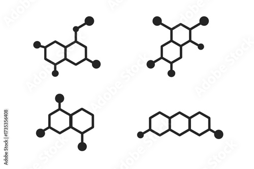 Set of molecular badges with connected hexagonal structures, chemical formulas, DNA diagram vector illustrations, medical and scientific icons, transparent design elements