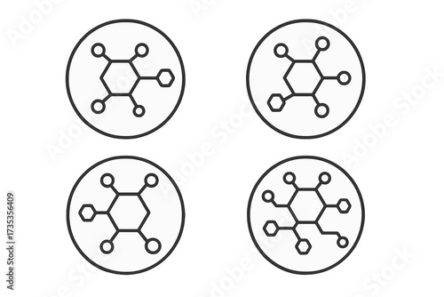 Set of connected hexagonal molecule badges, molecular structure icons, DNA connection diagrams, medical and scientific vector illustration, chemical science symbols