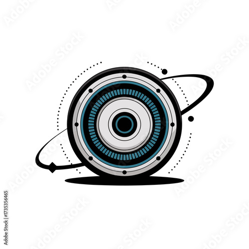 futuristic wheel planet, orbiting ring accent, sci fi mechanics, advanced mobility emblem, innovative transport design, vector illustration