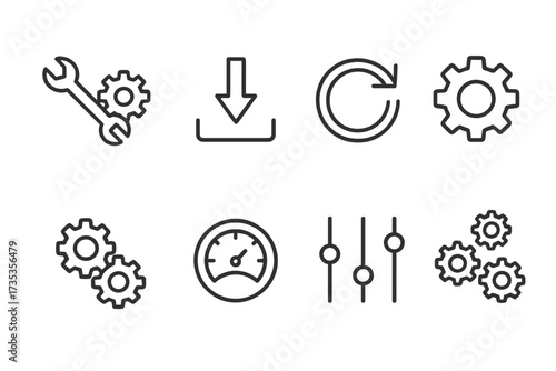Setup and settings web icons in line style with options download, update, configuration, gears, optimization, and control panel vector illustration collection