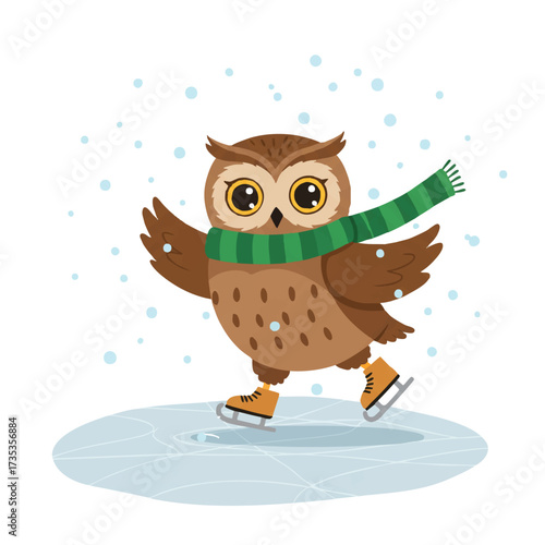 A cheerful owl wearing a colorful scarf and ice skates gracefully glides across a frozen pond as gentle snow falls, captured in a vibrant 2D flat vector illustration.