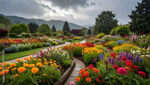 Vibrant Flower Garden Path Winding Through Lush Greenery Under Overcast Sky with Mountain Backdrop and Diverse Floral Arrangement Display